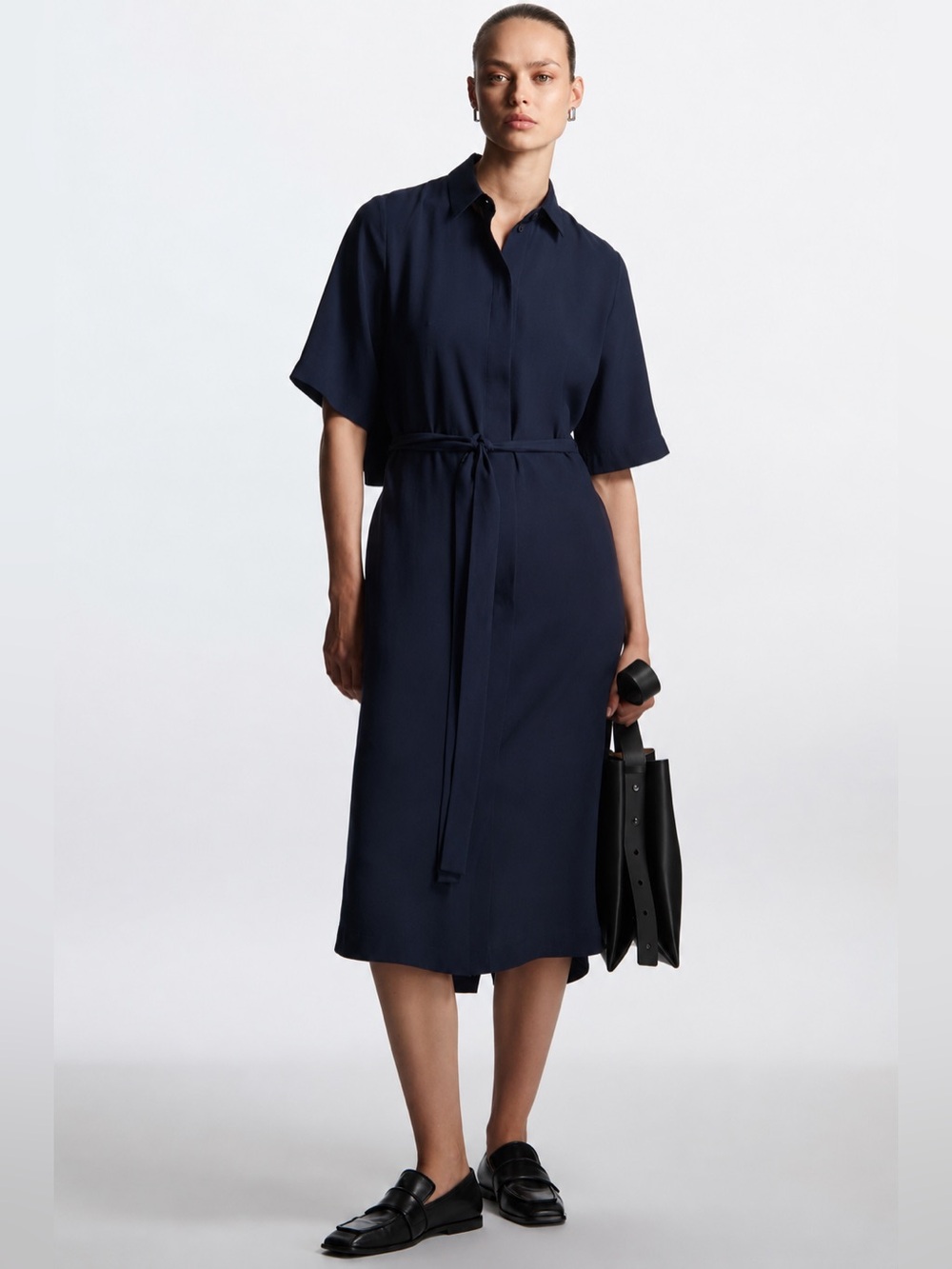 COS Belted Midi Shirt Dress Womens US 12 Navy TENCEL Modal Short Sleeve